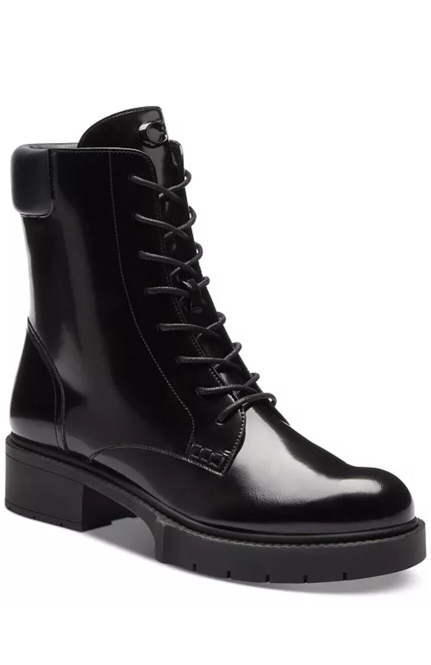 Coach Leighton Black Patent Leather Combat Boots Size 6.5 Luxury Platform Boots